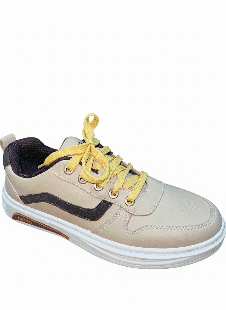 Men's casual sneakers beige color withe yellow laces and a white sole.