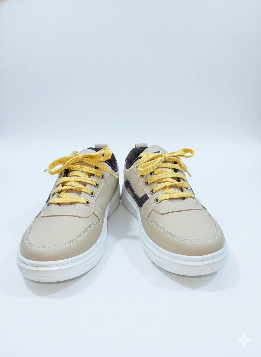 Men's casual sneakers beige color withe yellow laces and a white sole.