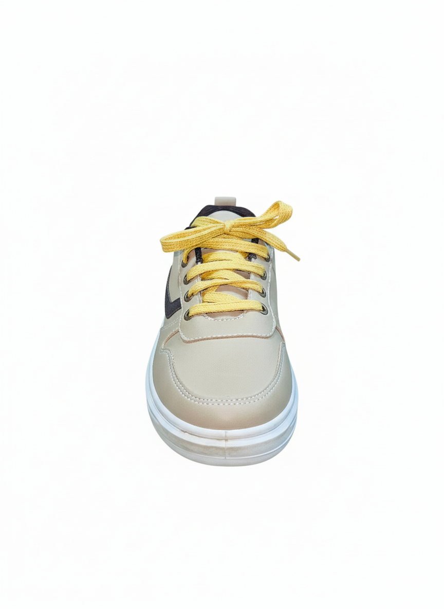 Men's casual sneakers beige color withe yellow laces and a white sole.