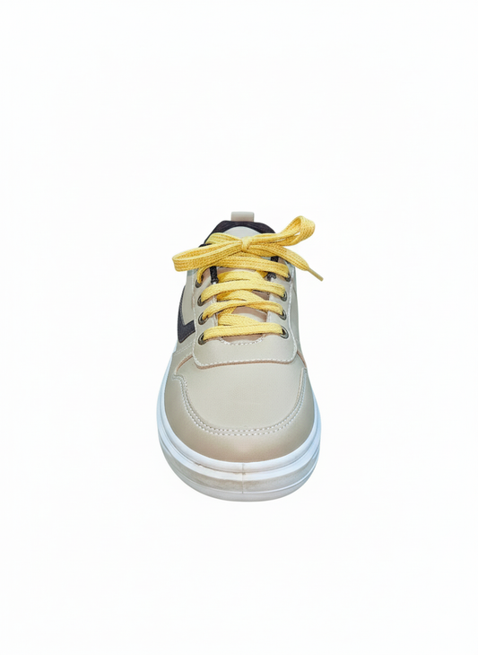 Men's casual sneakers beige color withe yellow laces and a white sole.
